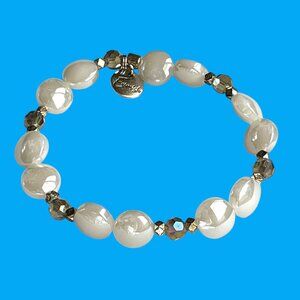 Erimish Soft Milky White Crystals Beaded Bracelet Logo Tag Stackable Stretch